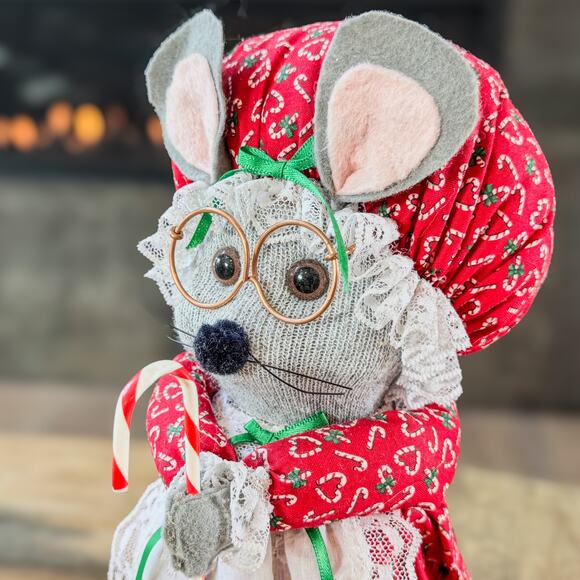 Primitive Folk Art Sock Bottle Christmas Granny Mouse w Bifocals/Candy Cane-12”H - Picture 2 of 9